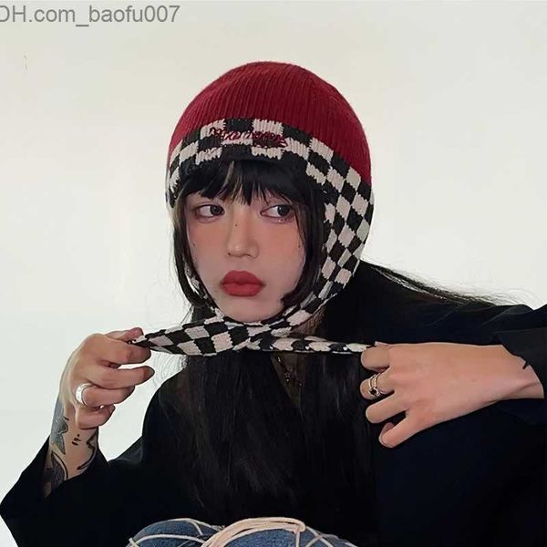 

beanie/skull caps influencer autumn winter checkerboard plaid thunderfront hat warm ear flying hat retro knitted female bomber pilot hat z23, Blue;gray