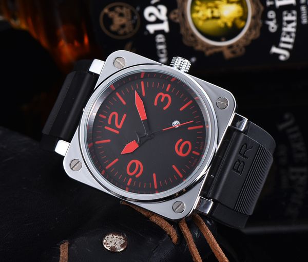 

mens br model sport rubber strap quartz bell luxury multifunction watch business stainless steel man ross square men wristwatches, Slivery;golden