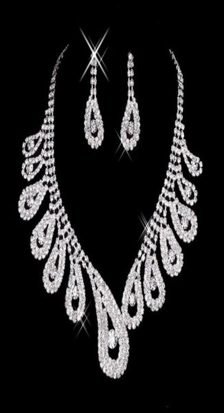 

womens bridal wedding jewelry sets pageant rhinestone gorgeous sparkling silver necklace earrings for party bridal accessories7906318, White
