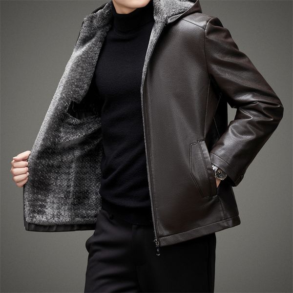 

men's jackets winter fleece warm leather jacket 2023 men hat detachable business casual thicken pu suede brand coats 230809, Black;brown