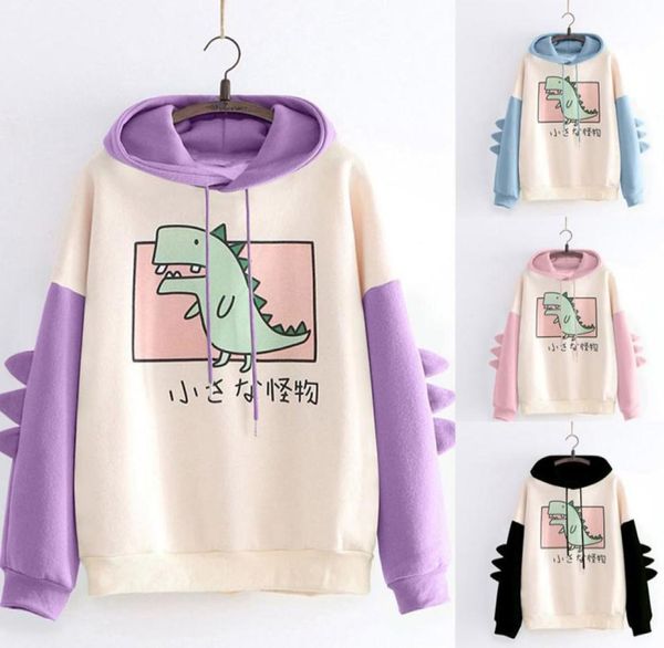 

cute cartoon fashion women sweatshirt casual print long sleeve splice dinosaur hoodies sweatshirt ropa mujer7843341, Black