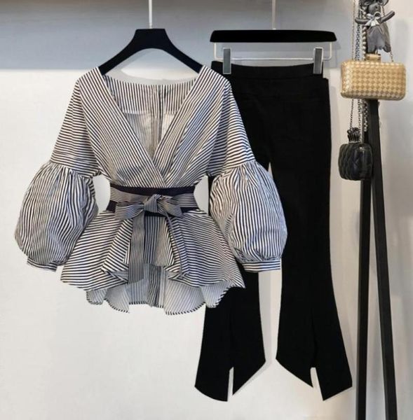 

two piece dress 2021 spring summer women 2 set v neck lantern sleeve striped blouse bow tie shirt split pencil flare pant2374951, White