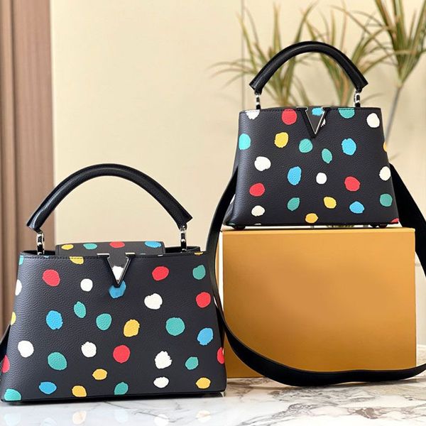 

women tote bag capucine handbags litchi grain leather handbag colored dots printed shoulder cross body bags fashion letter clasp shopping pu