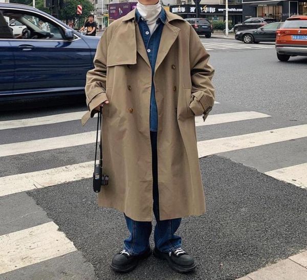 

korean style trench men039s fashion solid color casual long coat men overcoat loose autumn oversize windbreaker jacket mens m57022553, Tan;black