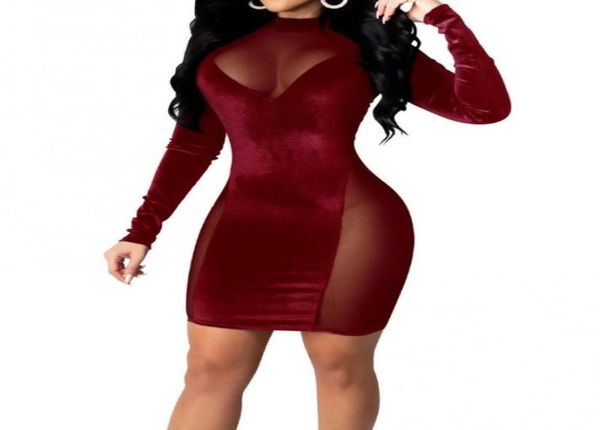 

casual dresses women party dress autumn o neck long sleeve sheer patchwork velvet mesh see through mini bodycon vestidos 20219465997, Black;gray