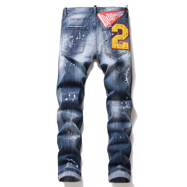 

men's jeans ragged splatted paint men's slim fit broken emblem elastic jeans vintage high end men's pants, Blue