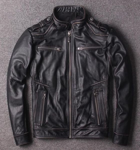 

2018 affliction geuine leather jackets edged vintage stamped criss back stand collar men motorcycle jacket3701880, Black