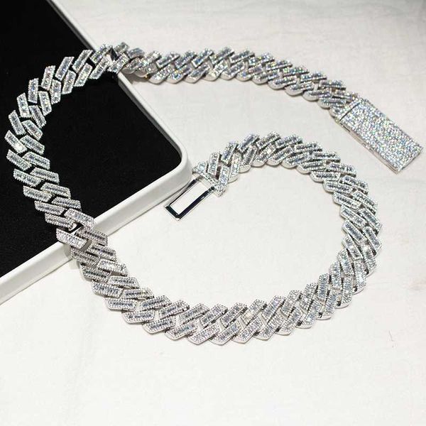

hip hop men luxury cuban chain 20mm width baguette three-row moissanite miami full iced out cuban link chain necklace, Silver