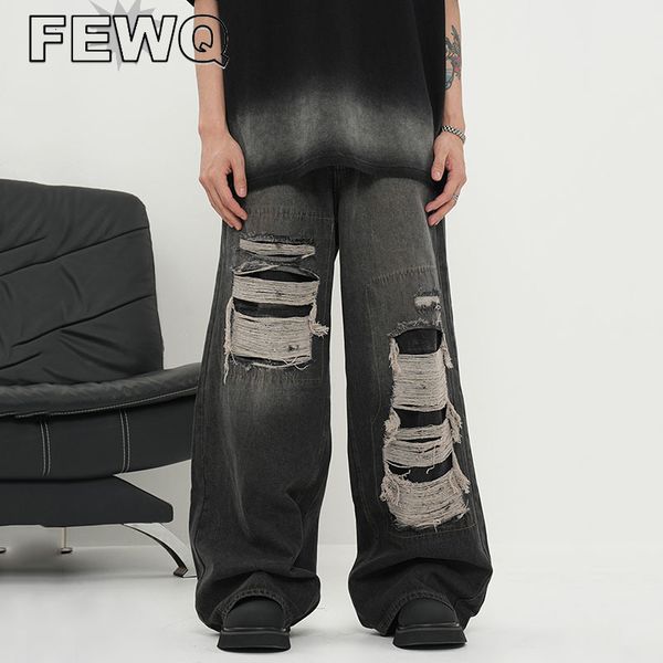

mens jeans fewq american style vintage ripped denim pants hip hop male wahsed straight trousers spring stylish 24b2514 230809, Blue