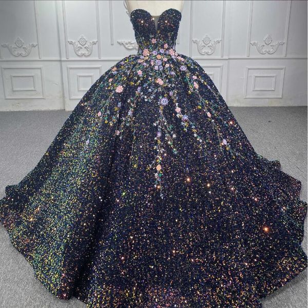 

sparkly black puffy skirt quinceanera dresses gillter sequins beaded embroidery floral corset prom vestudos de 15 anos, Blue;red