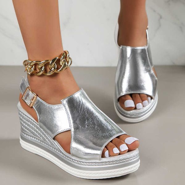 

gold silver leather wedge sandals for women 2023 summer peep toe platform sandles woman plus size thick sole sandalias mujer 230807, Black