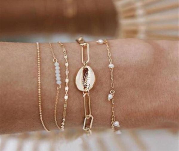 

link chain 5pcs women bracelets set multilayer metal shell beads gold chains boho bracelet femme antique beach anklet jewelry acc64394129, Black