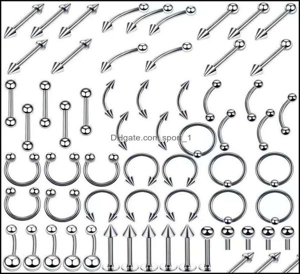 

jewelrystainless steel set tongue rings body piercing eyebrow belly nose nail jewelry aessories 120 mixes whole drop delivery 5509286, Silver