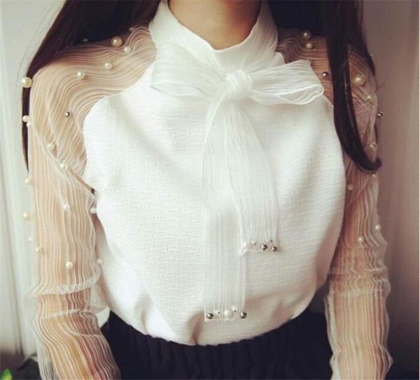 

fashionchiffon shirts long sleeves shirt elegant organza bow pearl white blouse casual fashion shirt women blouses blusas fe8345908