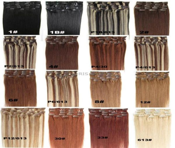 

9a clip in human hair extension straight mix color brown blonde 16quot24quot indian remy clip on hair full head77856407098458, Black;brown