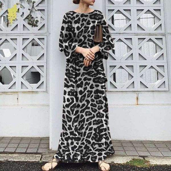 

leopard print long knee length lady style sleeved dress, Black;gray