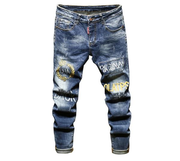 

embroidery mens slim fit jeans autumn and winter trendy stretch denim pants hip hop street style trousers3248470, Blue