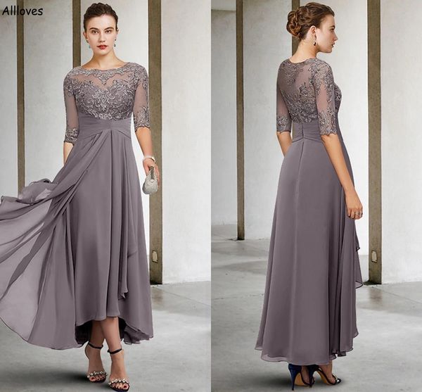 

fall grey chiffon a line mother of the bride dresses elegant lace appliques beaded women formal party with 3/4 long sleeves ankle length wed, Black;red