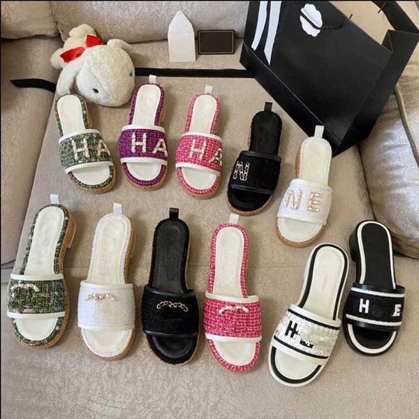 

cord tweed straw woven slides sandals for woman slip on wedge flats fashion beach mule brand flip flops casual slides shoes platform chain l, Black