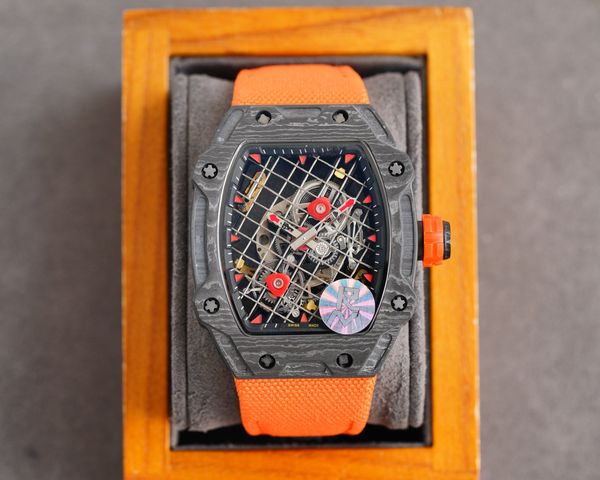 

designer wristwatches rm27-04 mens watches carbon fiber tonneau luxury watch automatic mechanical tourbillon openworked tennis racket dial s, Slivery;brown