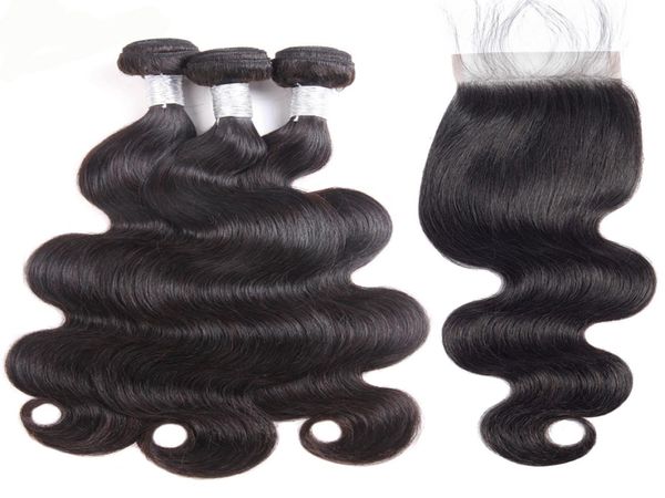

9a brazilian body wave hair bundles with lace closure peruvian indian malaysian virgin hair 3 pcs body wave with lace closure7920638, Black