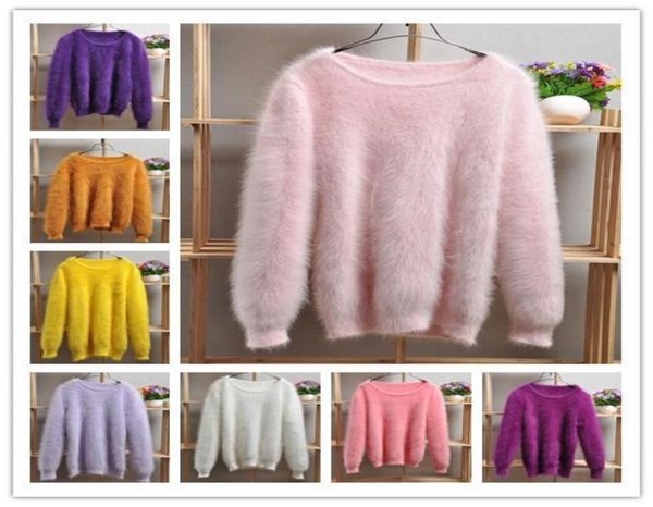 

elegant fashion ladies women plush warm angora woven pullover round neck women sweater genuine mink cashmere sweater3222950, White;black