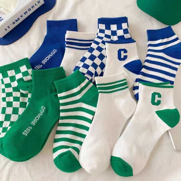

socks men's summer pure cotton street plaid letter short socks casual sports trend inspired women's socks, Black;white