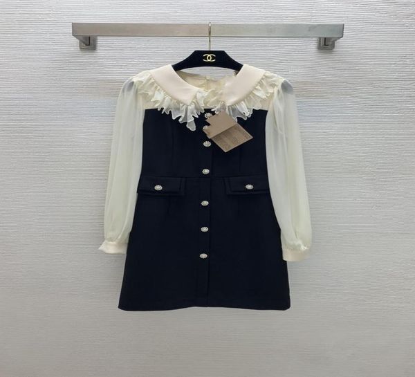 

plus size autumn black apricot patchwork women dress designer peter pan collar ruffles long sleeves milan runway dresses buttons h2166191