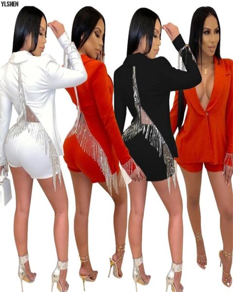 

plus size 2 two piece set women tassel jacket suits tracksuit casual long sleeve deep vneck shorts outfits t2005285827290, Gray
