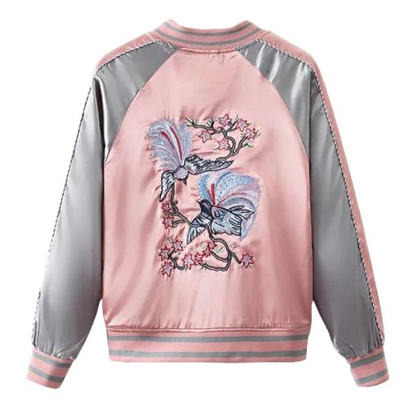 

floral birds embroidery souvenir bomber jacket women baseball pocket harajuku pink contrast satin duster coat sukajan4025712, Black;brown