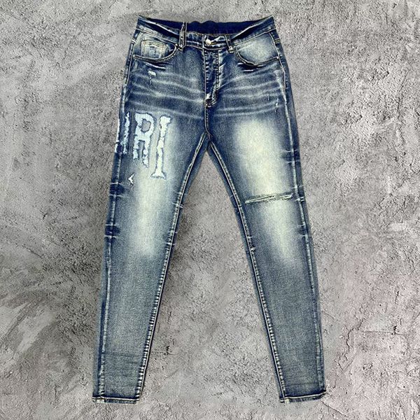 

mens jeans jean men street punk rock vintage letter hip hop ripped designer skinny denim pant noir homme 230809, Blue