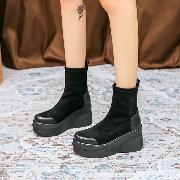 

boots short booted women's autumn thick sole cake heel short boots suede high heel boots low barrel boots women's boots 230809, Black