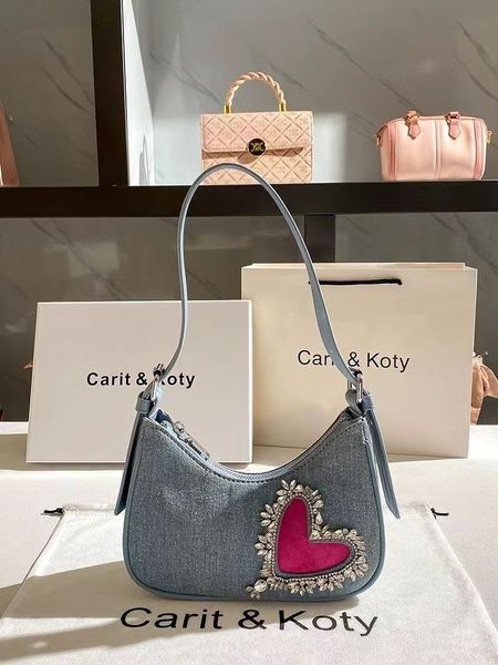 

Y2k Denim Canvas Rhinestone Love Heart Shoulder Bag 2023 Popular Cowboy Underarm Bag French Small Water Diamond Shoulder Bag High Sense, Blue