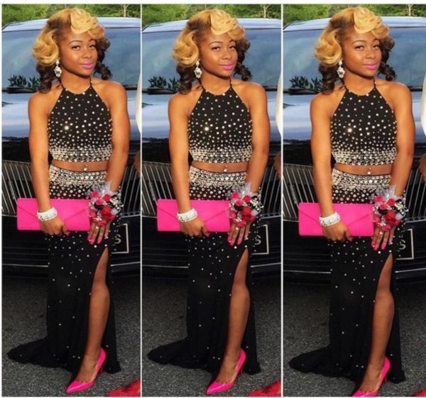 

glitzing crystal beaded black prom dresses 2016 two piece dress halter vestido de festa side split mermaid formal party evneing go8475164