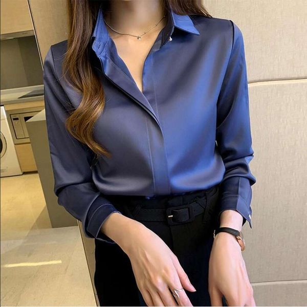 

early autumn style shirt for women simple commutes temperament retro hong kong long sleeved satin top, White