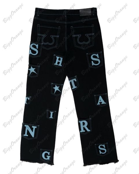 

mens jeans multipocket irregular letter print jeans punk style trousers y2k mens pants black teen street s clothing men 230809, Blue