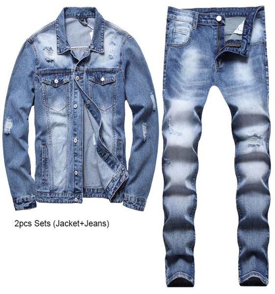 

ripped style men039s jacketjeans sets autumn tracksuits casual loose long sleeve matching denim pants light blue clothing 6957429, Gray