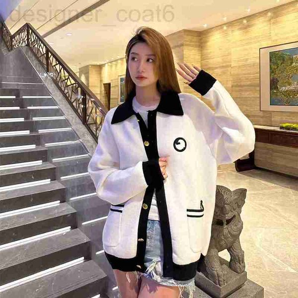 

women's knits & tees designer high version 2023 autumn/winter new gu home network popular polo collar single breasted long sleeve sweat, White