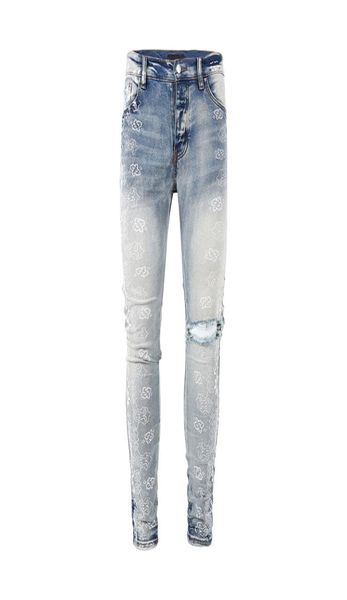 

mens jeans european and american street style cashew flower print light blue washed pleated casual slim pants for teenagers8406966