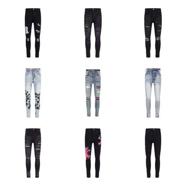 

men's jeans european jean hombre letter star men embroidery patchwork ripped for trend brand motorcycle pant mens high-end jeans30-40, Blue