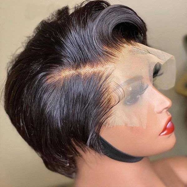 

cosplay wigs pixie cut wig transparent lace human hair wigs for women straight short bob wig t part lace wig prepluck brazilia human hair 23, Black