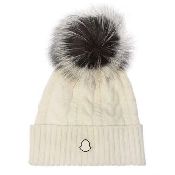 

designer winter knitted beanie wool women chunky knit thick warm faux fur beanies hats detachable hairball skull caps, Blue;gray