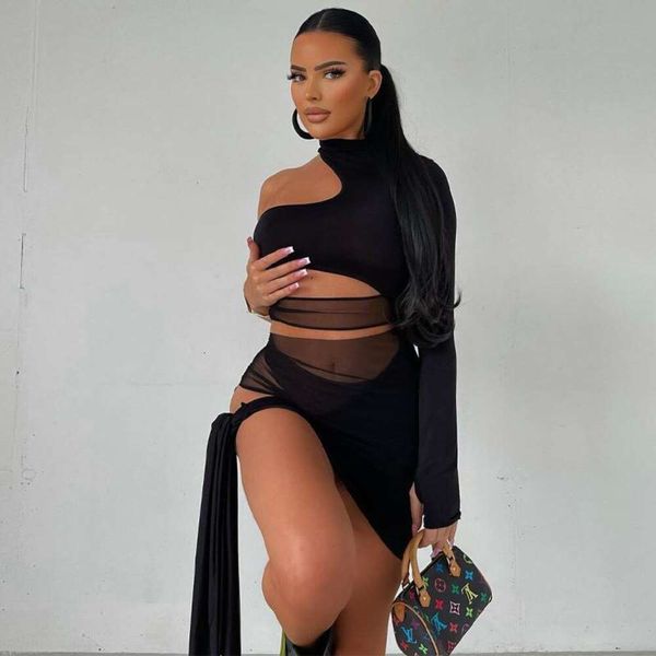 

autumn style one shoulder hollow short dress irregular women, Black;gray