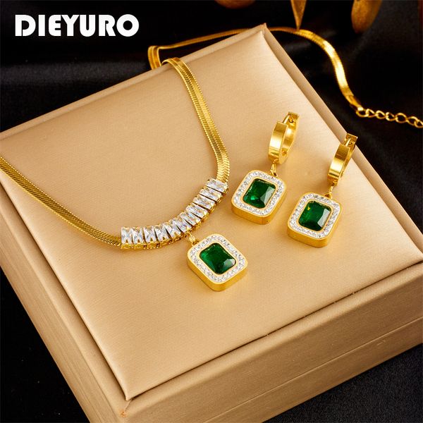 

wedding jewelry sets dieyuro 316l stainless steel luxury nonfading square green crystal zircon pendant necklace earrings jewelry set for wom, Slivery;golden