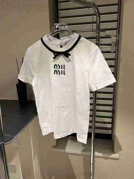 

women's t-shirt designer high edition 23 spring/summer new round neck bow handmade nailed diamond t-shirt minimalist~letter set short s, White