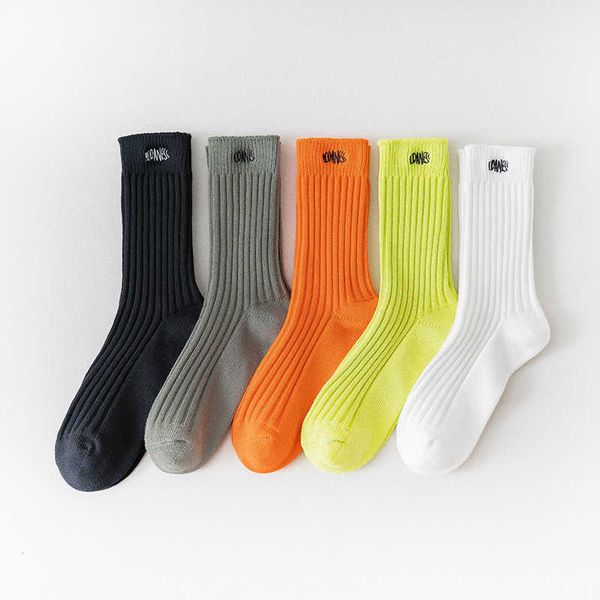 

socks men's simple embroidery solid color personalized trendy socks stacked socks ins street sports skateboard mid tube socks, Black