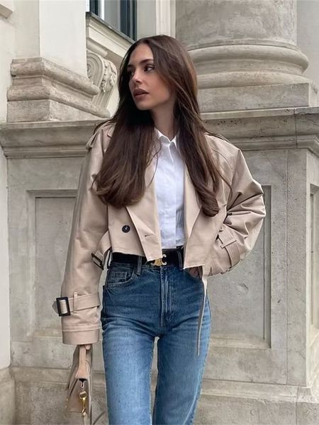 

womens jackets ladies short oversized cropped trench coat women jacket lapel collar long sleeve outerwear chic loose female 230808, Black;brown