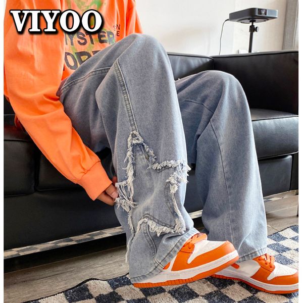 

mens jeans high street star embroidered baggy men retro washed patch loose wide leg pants american casual straight y2k 230809, Blue