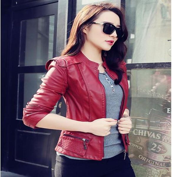 

2019 autumn fashion women short leather jackets motor coat pu solid casual jackets slim stand collar streetwear women4648248, Black