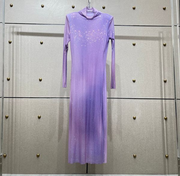 

european fashion brand sparkling diamond purple gradient printed double layer mesh long sleeved dress, Black;gray
